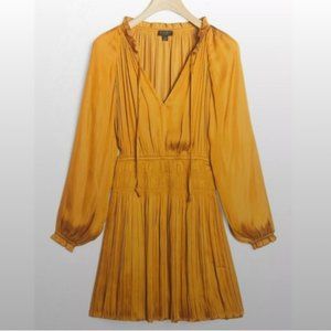 Current Air Anthropologie Golden Satin Pleated Balloon Sleeve Mini Dress